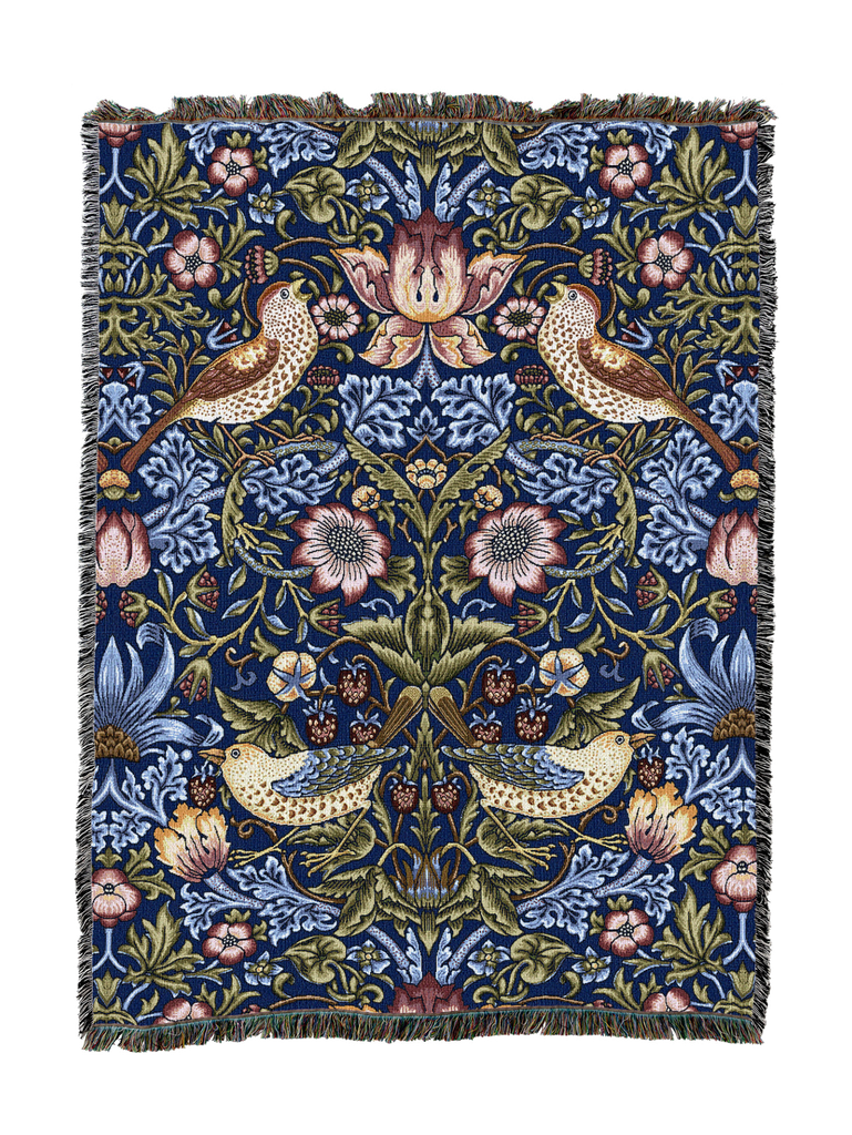 William Morris© Strawberry Thief Woven Cotton Throw Blanket|Indigo
