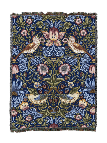 William Morris© Strawberry Thief Woven Cotton Throw Blanket|Indigo