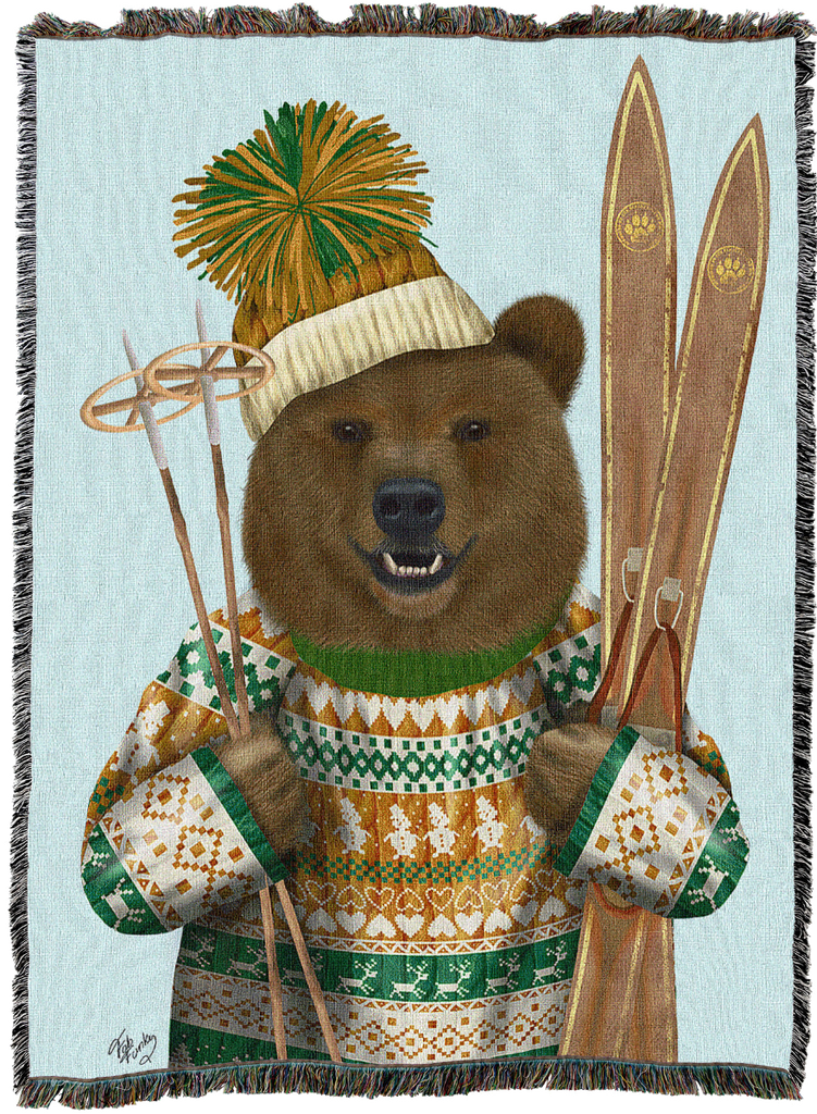 Bear In Christmas Sweater Woven Cotton Throw Blanket by Fab Funky©
