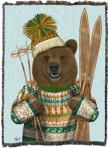 Bear In Christmas Sweater Woven Cotton Throw Blanket by Fab Funky©