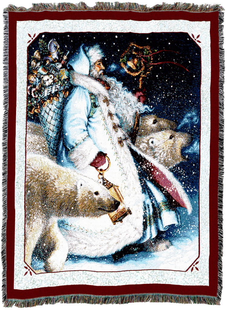 Santa and Polar Bears Woven Cotton Throw Blanket by Lynn Bywaters©