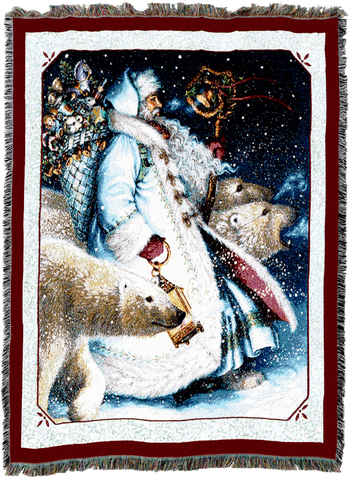 Santa and Polar Bears Woven Cotton Throw Blanket by Lynn Bywaters©