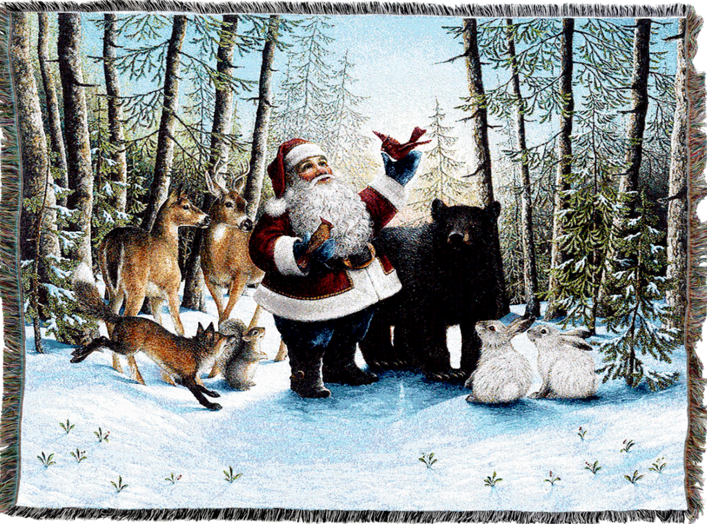 Santa In The Forest Woven Cotton Throw Blanket by Lynn Bywaters©