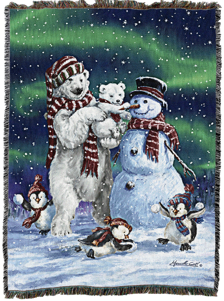 Polar Bear And Penquins Woven Cotton Throw Blanket by Marcello Corti©