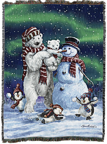 Polar Bear And Penquins Woven Cotton Throw Blanket by Marcello Corti©