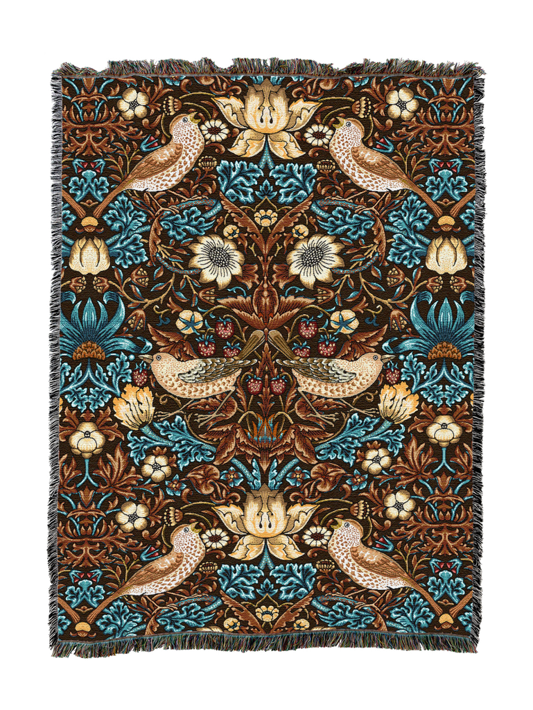 William Morris© Strawberry Thief Woven Cotton Throw Blanket|Walnut