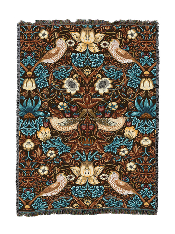 William Morris© Strawberry Thief Woven Cotton Throw Blanket|Walnut