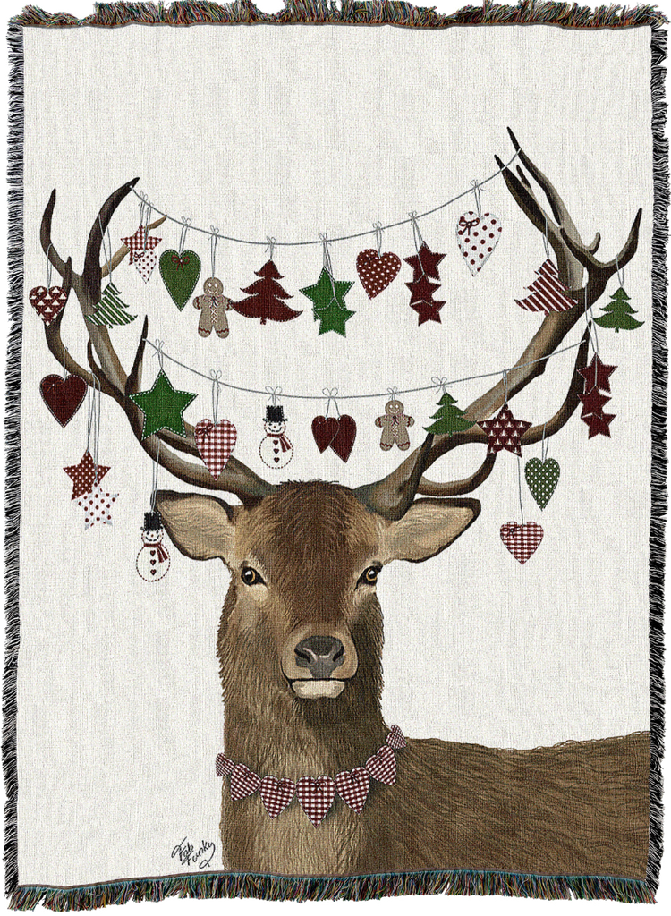 Deer With Decorations Woven Cotton Throw Blanket by Fab Funky©