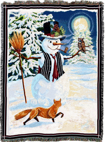Twilight Frosty Snowman Woven Cotton Throw Blanket by Joseph Lee©