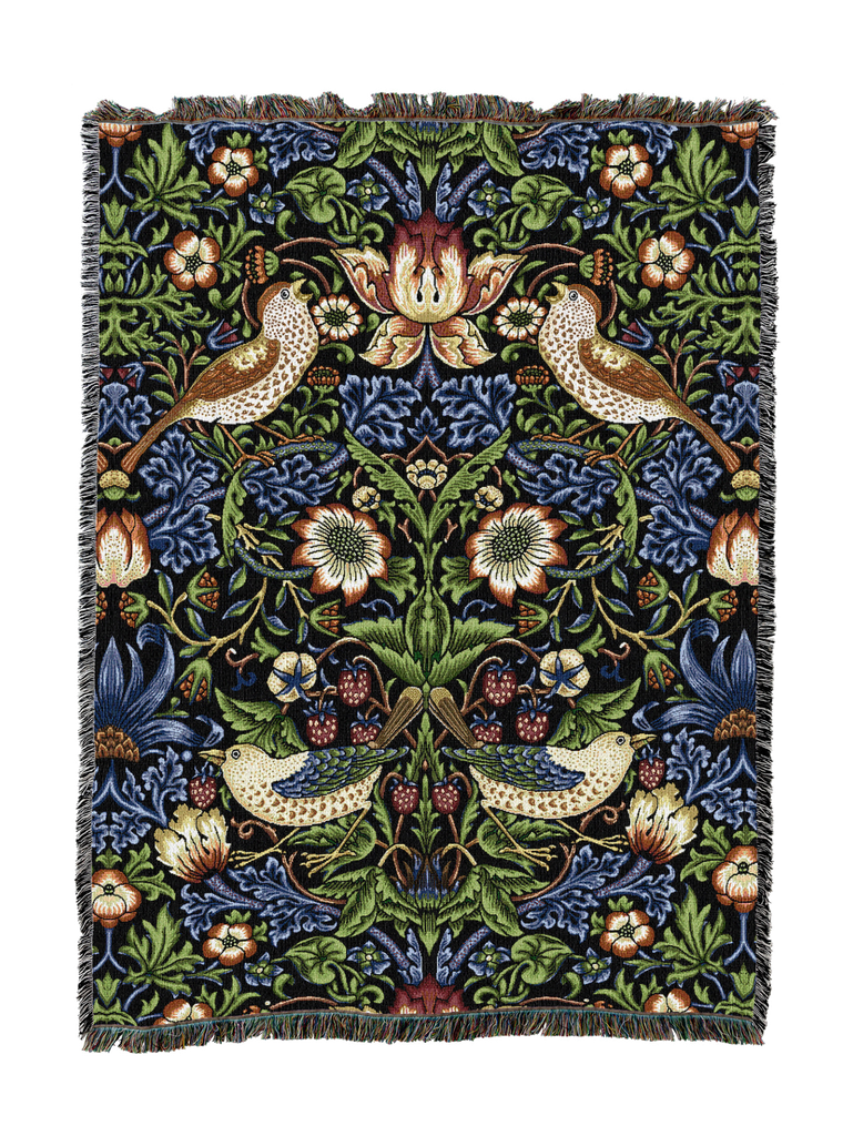 William Morris© Strawberry Thief Woven Cotton Throw Blanket|Midnight