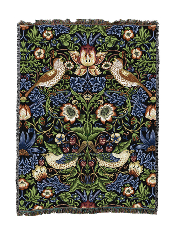William Morris© Strawberry Thief Woven Cotton Throw Blanket|Midnight