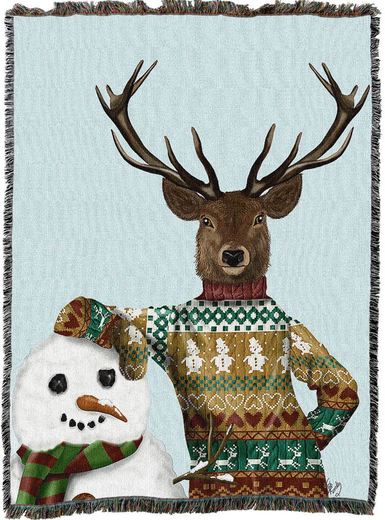 Deer And Snowman Woven Cotton Throw Blanket by Fab Funky©