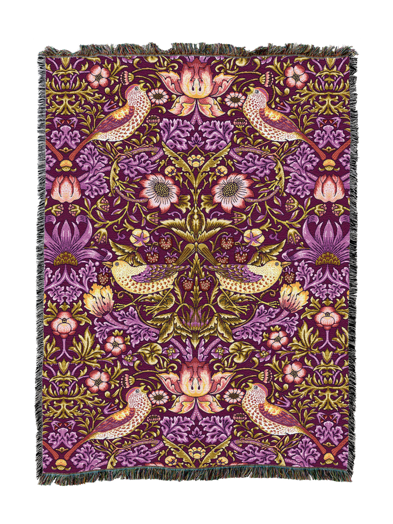 William Morris© Strawberry Thief Woven Cotton Throw Blanket|Plum