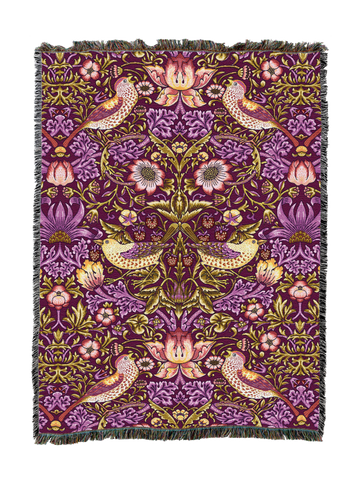 William Morris© Strawberry Thief Woven Cotton Throw Blanket|Plum