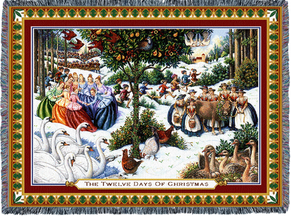 Twelve Days Of Christmas Woven Cotton Throw Blanket by Lynn Bywaters©|2 Sizes