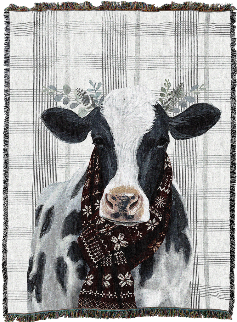 Yuletide Cow Woven Cotton Throw Blanket by Victoria Borges©