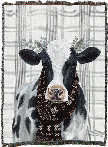 Yuletide Cow Woven Cotton Throw Blanket by Victoria Borges©