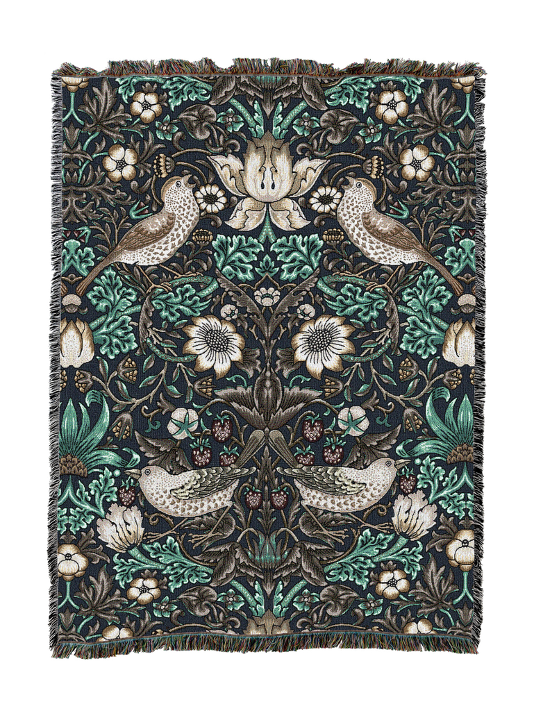William Morris© Strawberry Thief Woven Cotton Throw Blanket|Slate
