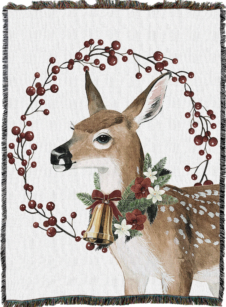 Yuletide Deer Woven Cotton Throw Blanket by Grace Popp©