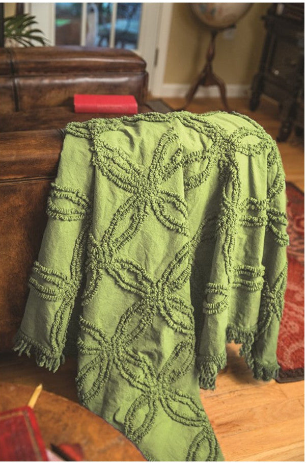 Green Chartreuse Tufted Cotton Throw with Fringe
