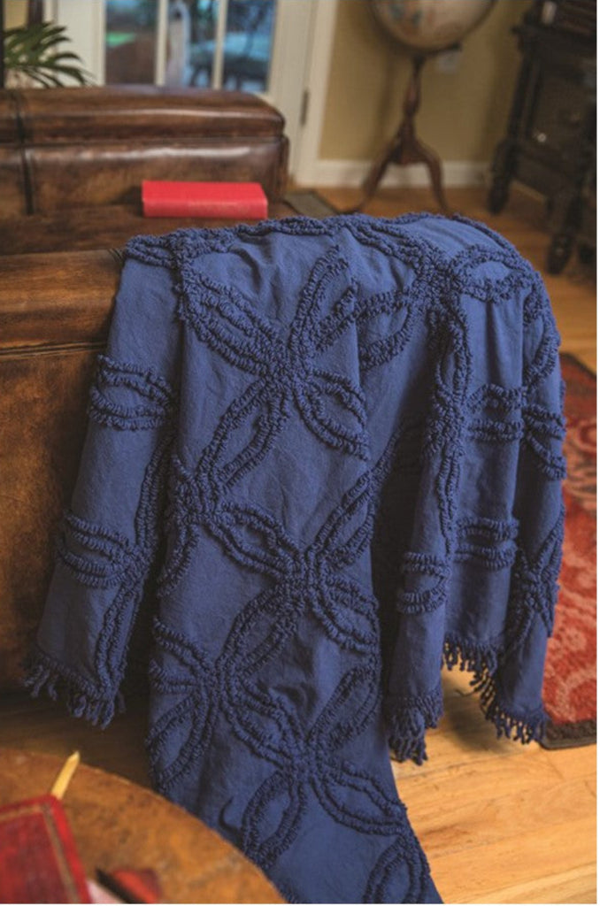 Navy Tufted Cotton Throw w/Fringe