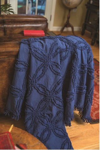 Navy Tufted Cotton Throw w/Fringe