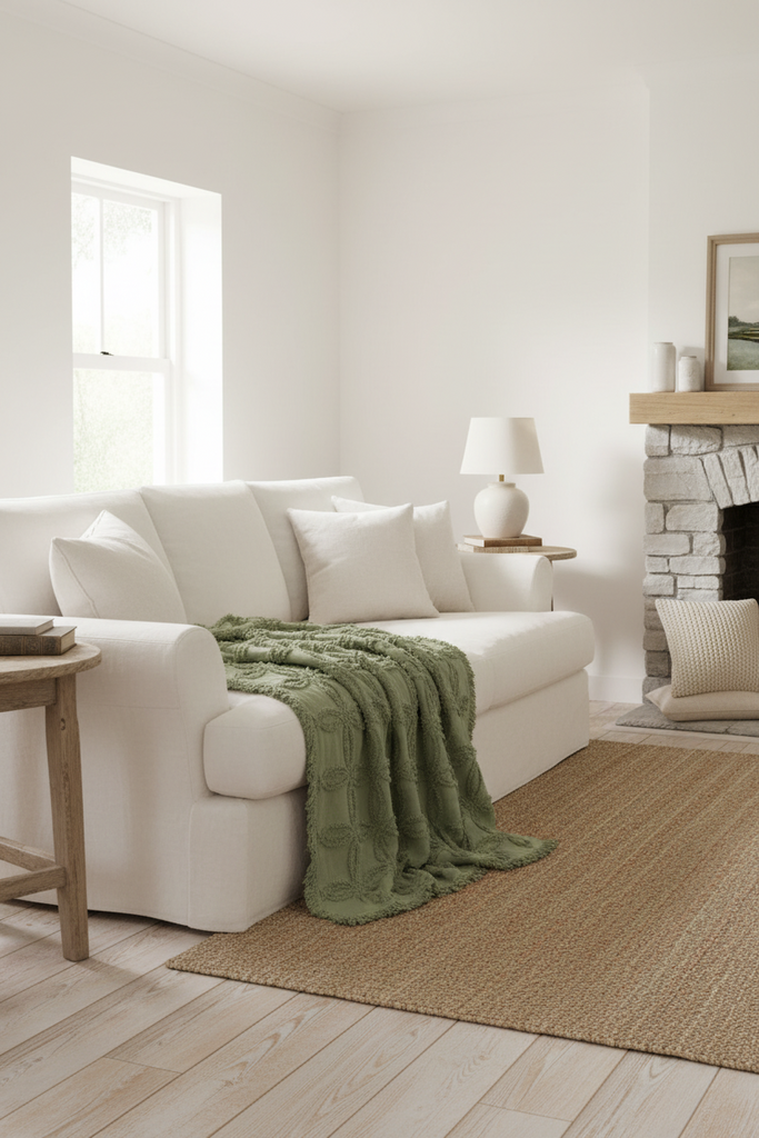 Olive Tufted Cotton Throw with Fringe|Table Runner Option