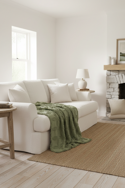 Olive Tufted Cotton Throw with Fringe|Table Runner Option