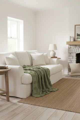 Olive Tufted Cotton Throw with Fringe|Table Runner Option