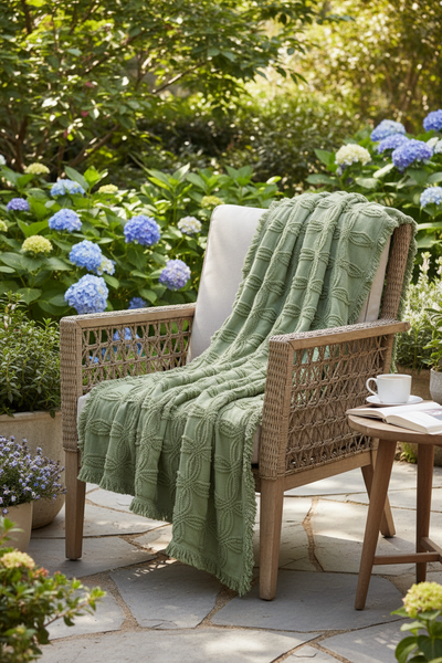Olive Tufted Cotton Throw with Fringe|Table Runner Option