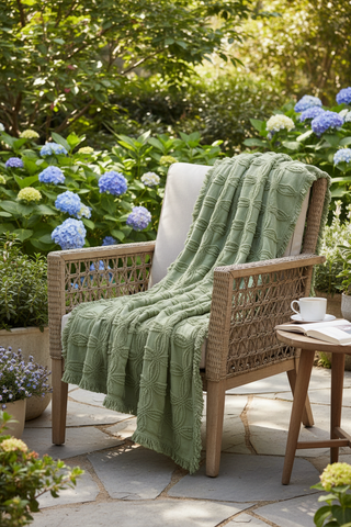 Olive Tufted Cotton Throw with Fringe|Table Runner Option