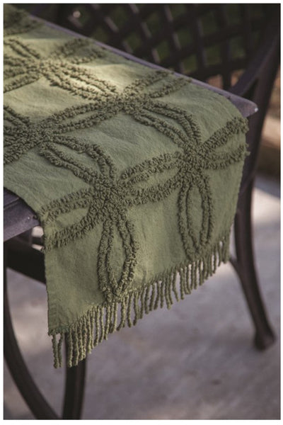 Olive Tufted Cotton Throw with Fringe|Table Runner Option