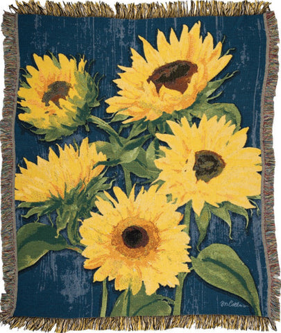 Blue Zig Zag Sunflowers Woven Cotton Throw by Martha Collins©