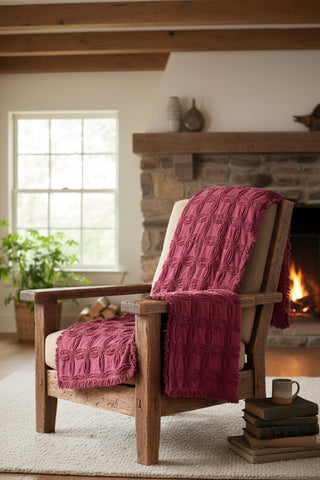 Wine Tufted Cotton Throw with Fringe|Table Runner Option