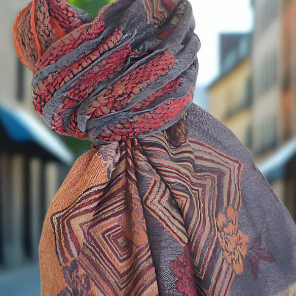 Woven Reversible Ruffled Scarf/Shawl -  Smoked Coral