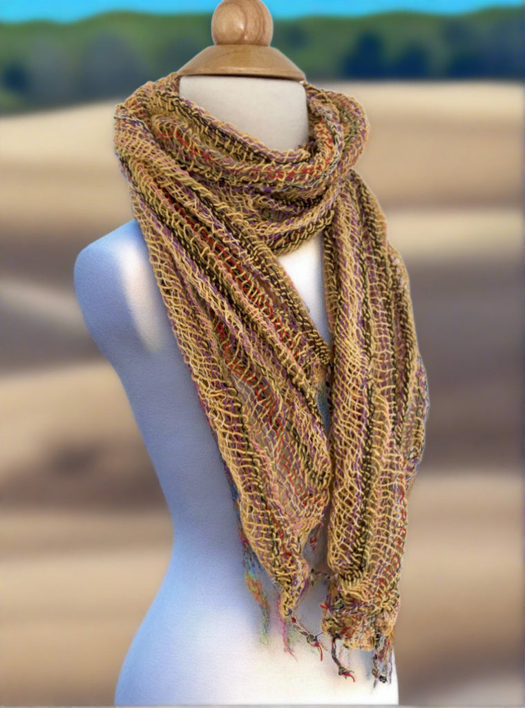 Handwoven Open Weave Cotton Scarf - Multicolor Gold