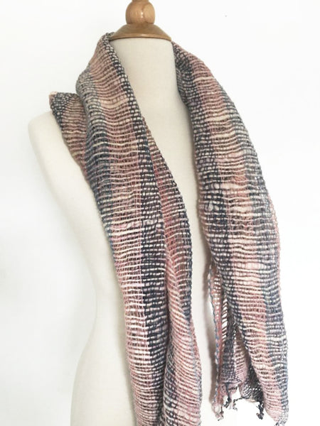 Handwoven Open Weave Cotton Scarf -Navy/Grey/Burlywood Multicolor