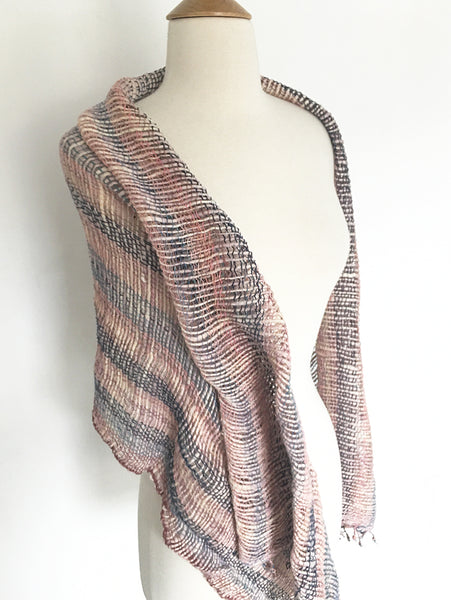 Handwoven Open Weave Cotton Scarf -Navy/Grey/Burlywood Multicolor