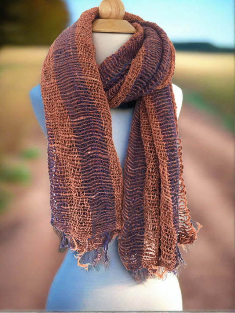 Handwoven Open Weave Cotton Scarf - Copper-Purple