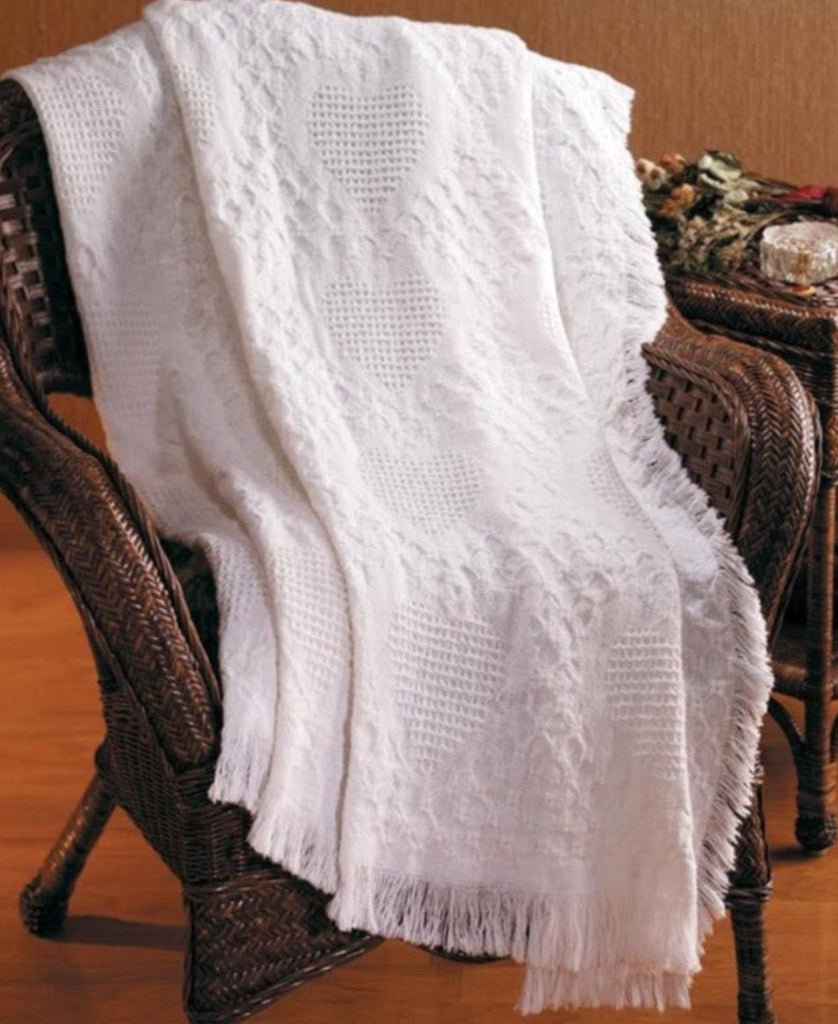 Basket Weave Heart White 2-Layer Cotton Throw Blanket