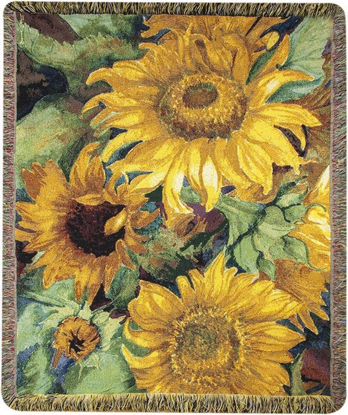 Sunny Faces Sunflowers Woven Cotton Throw by Joanne Porter©