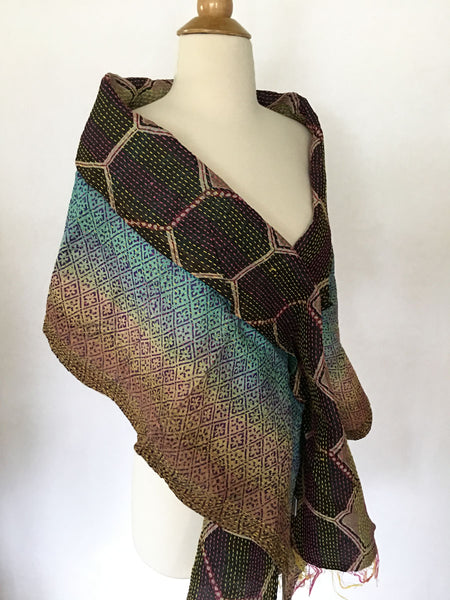 Kantha Silk Reversible Scarf-Stole  - Brown/Turquoise