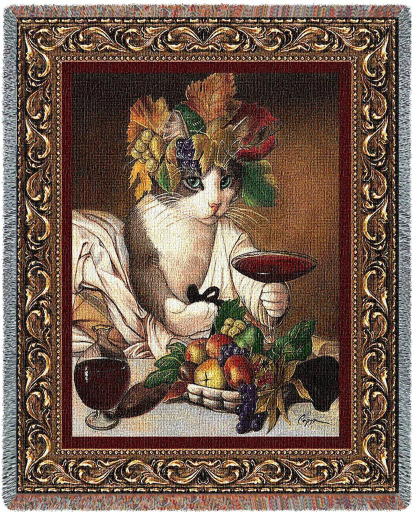 Bacchus Cat Woven Throw Cotton Blanket by Melinda Copper©