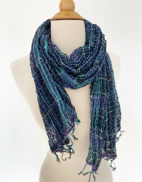Handwoven Open Weave Cotton Scarf - Multi Black-Turquoise-Purple