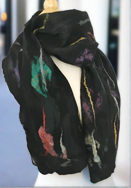 Black Nuno Felted Merino Wool-Sari Silk Scarf|One-of-a-Kind Wearable A ...