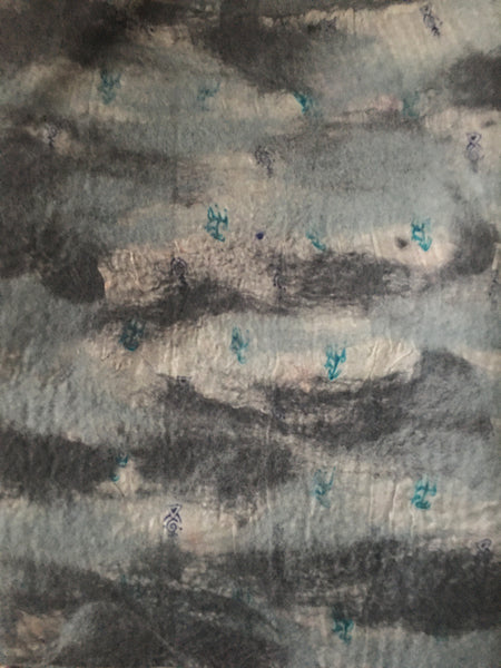 Blue-Gray Nuno Felted Merino Wool-Sari Silk Scarf|One-of-a-Kind Wearable Art