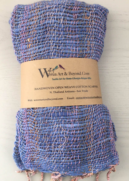 Handwoven Open Weave Cotton Scarf - Multi Blue