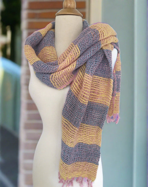 Handwoven Open Weave Cotton Scarf - Blue/Yellow Stripe