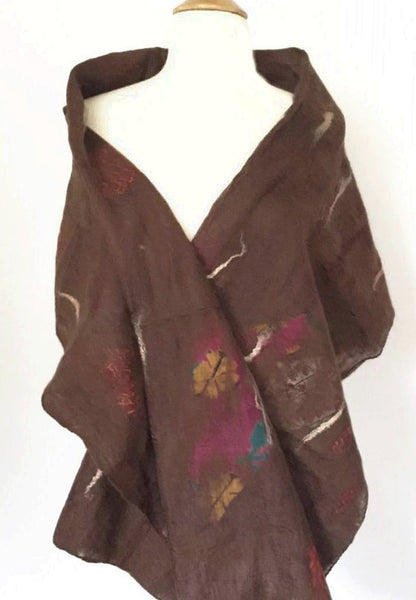 Chocolate Brown Nuno Felted Merino Wool-Sari Silk "Shawl-Stole"|One-of-a-Kind Wearable Art