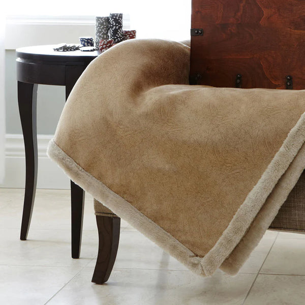 Buckskin Tan Faux Leather Throw Blanket w/Pearl Faux Fur|Decorating Option